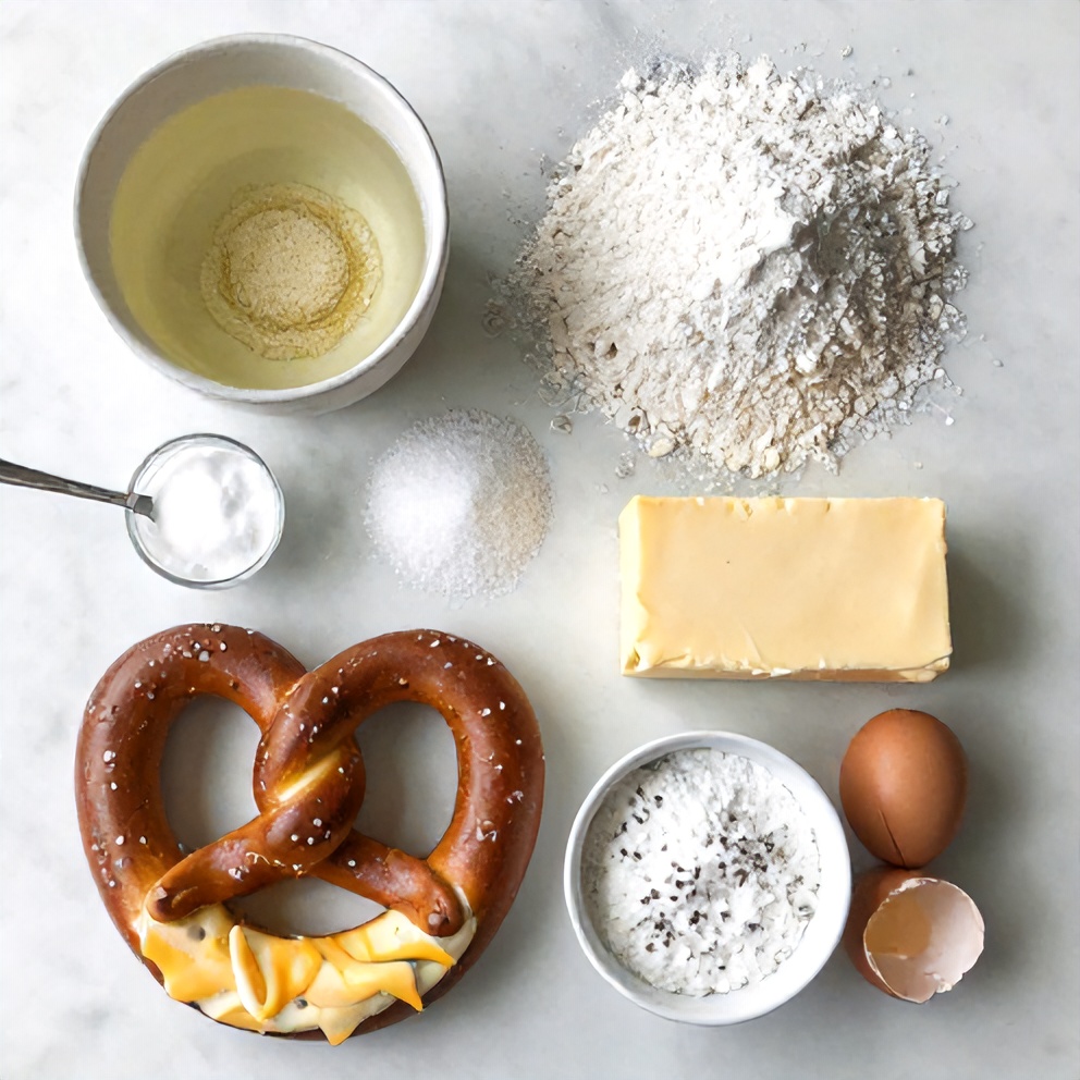 Ingredients for cheese stuffed soft pretzels on a marble counter