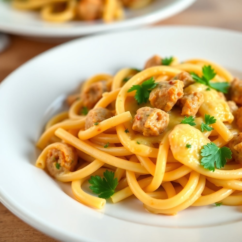 One perfect serving of Cheesy Chicken and Sausage Pasta plated, garnished with fresh parsley, on a white plate