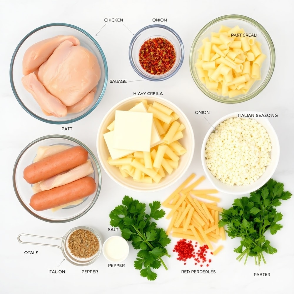 Raw ingredients for Cheesy Chicken and Sausage Pasta arranged in an overhead flat lay, white marble surface, bright even light