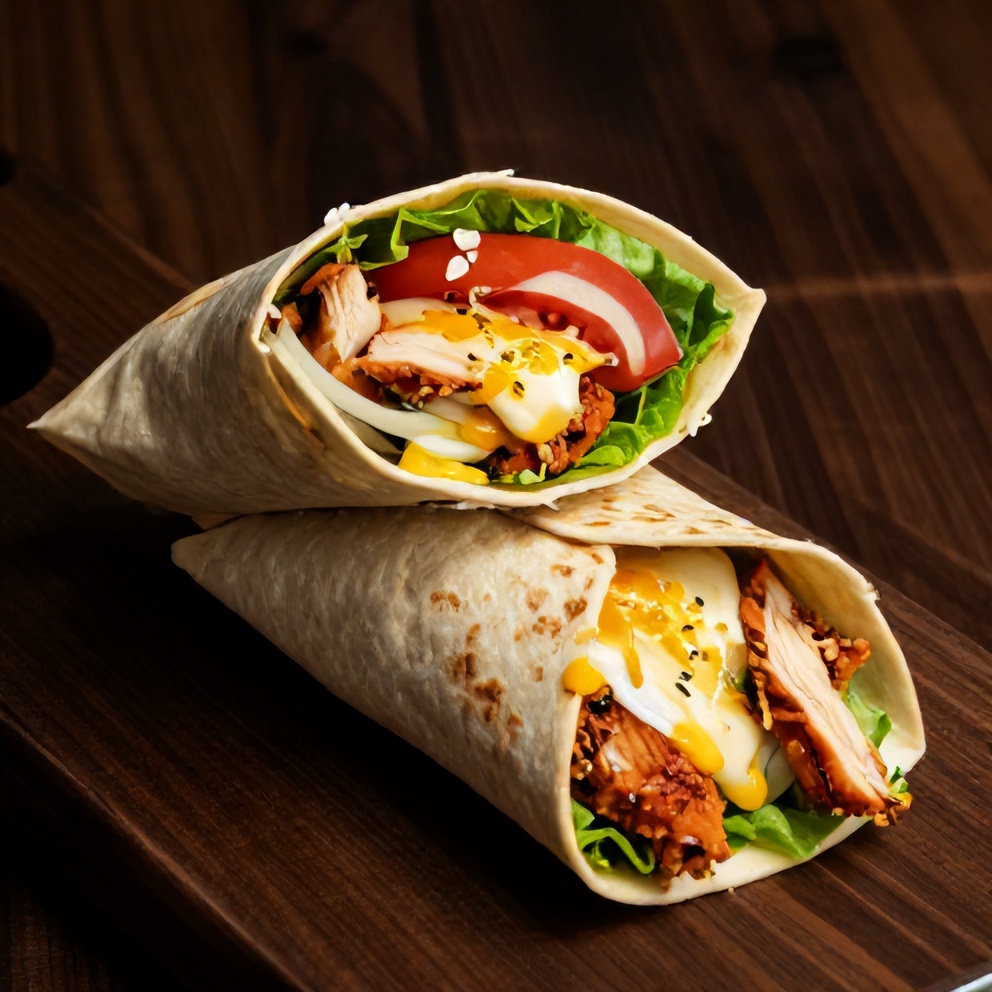 Plated cheesy garlic chicken wrap on a dark wooden surface