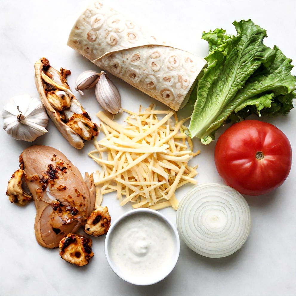 Raw ingredients for cheesy garlic chicken wraps on a marble surface