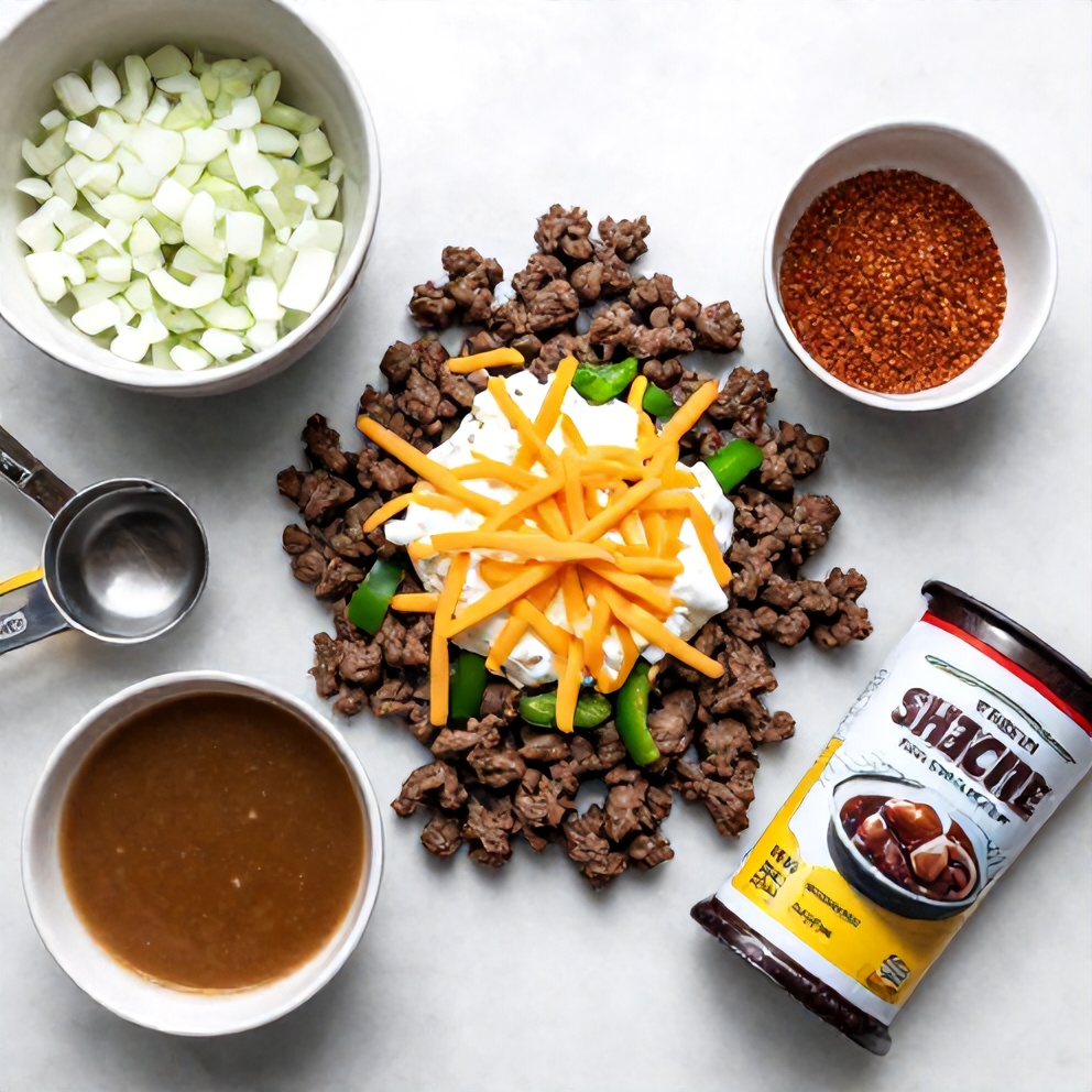 Ground beef, onions, peppers, cheese, and other ingredients for Cheesy Philly Sloppy Joes