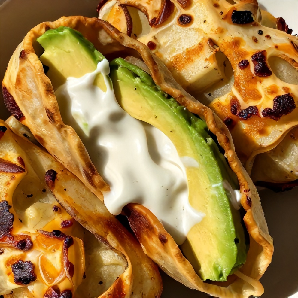 Plated cheesy potato burritos with avocado and sour cream