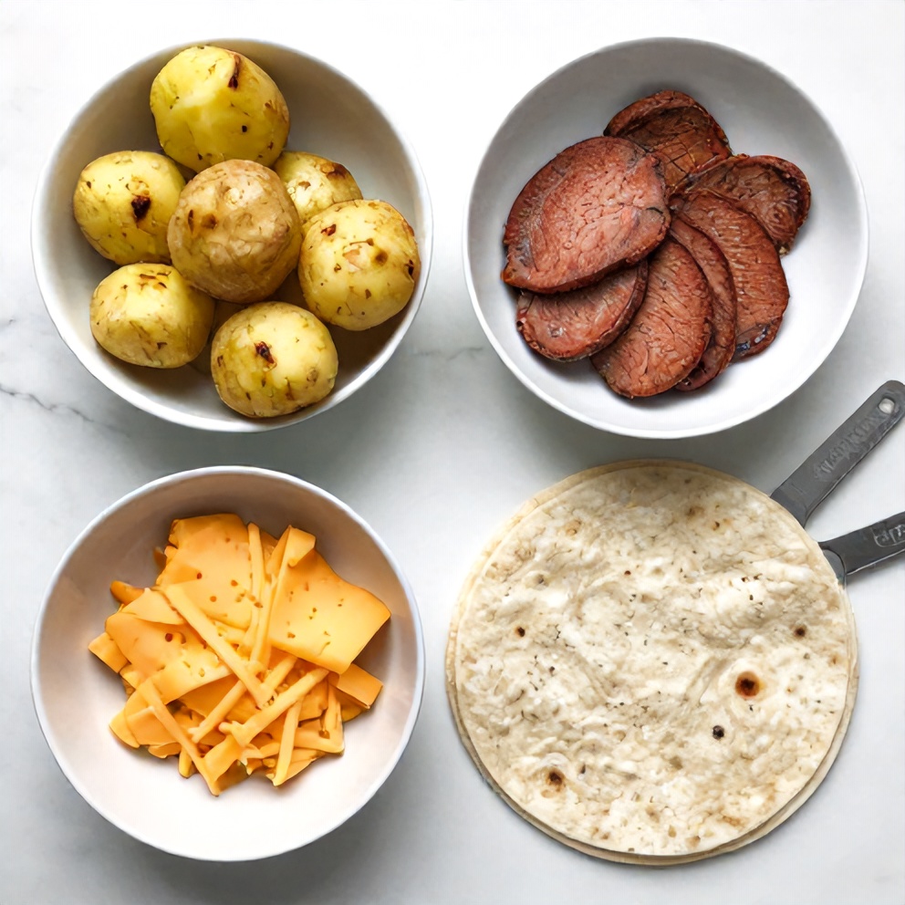 Raw ingredients for cheesy potato burritos including potatoes, cheese, and tortillas