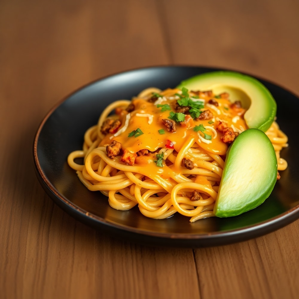 One serving of cheesy taco pasta on a plate with a side of sliced avocado