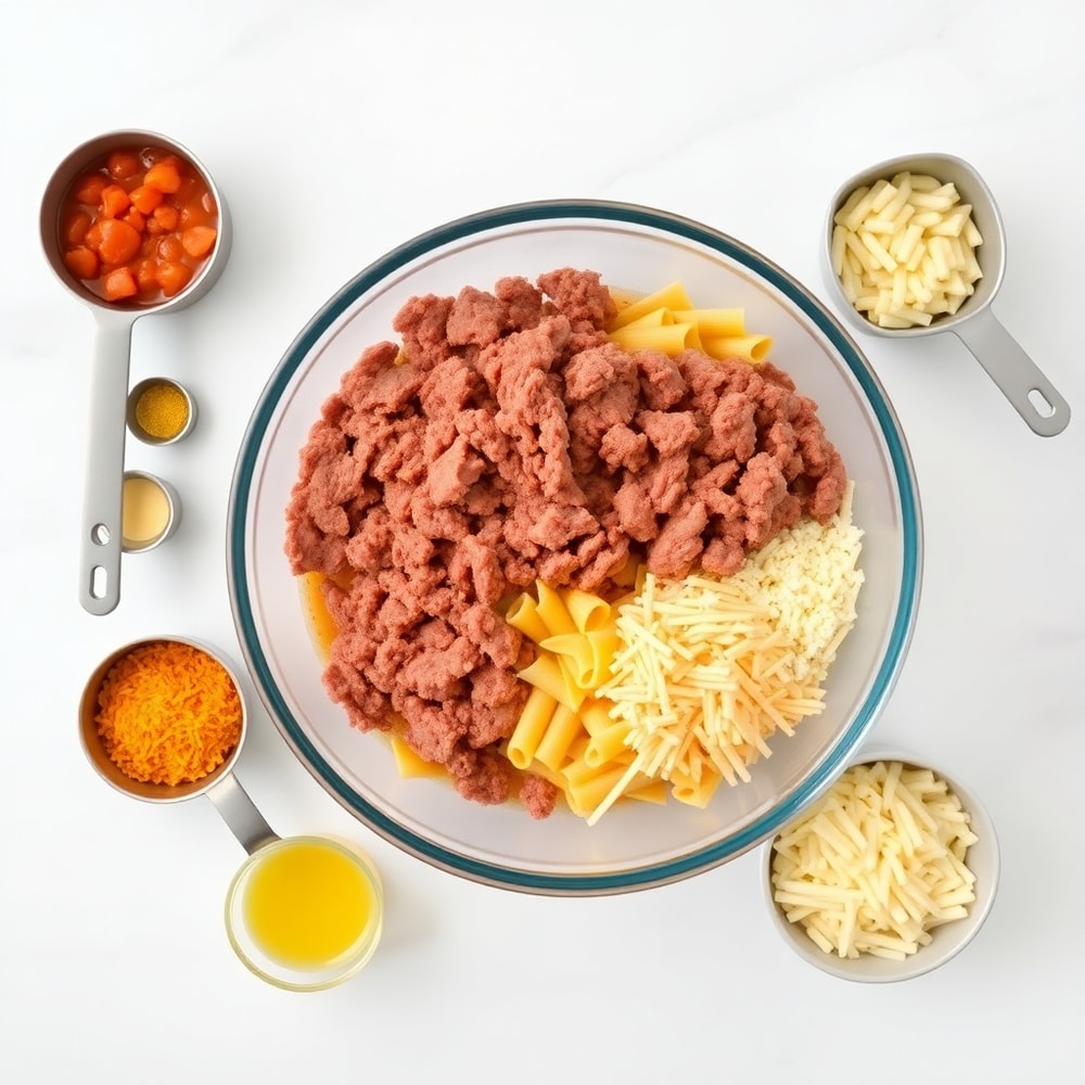 Raw ingredients for cheesy taco pasta including ground beef, pasta, and cheese arranged in a flat lay