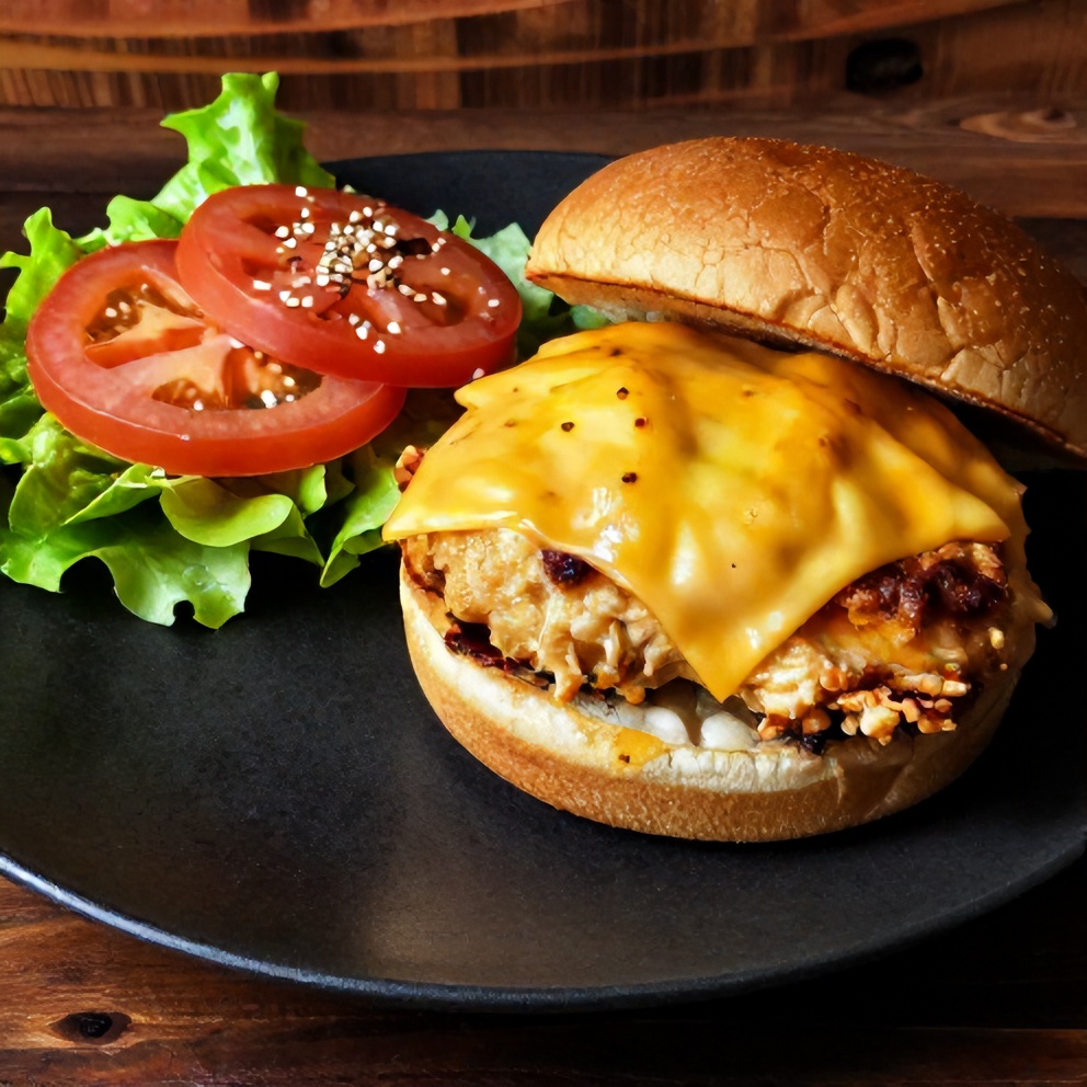 Chicken Teriyaki Burger plated with a side of fries