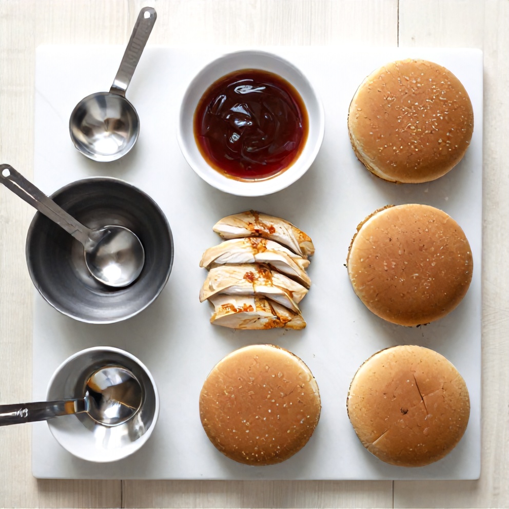 Raw ingredients for Chicken Teriyaki Burgers including chicken breasts, teriyaki sauce, and burger buns