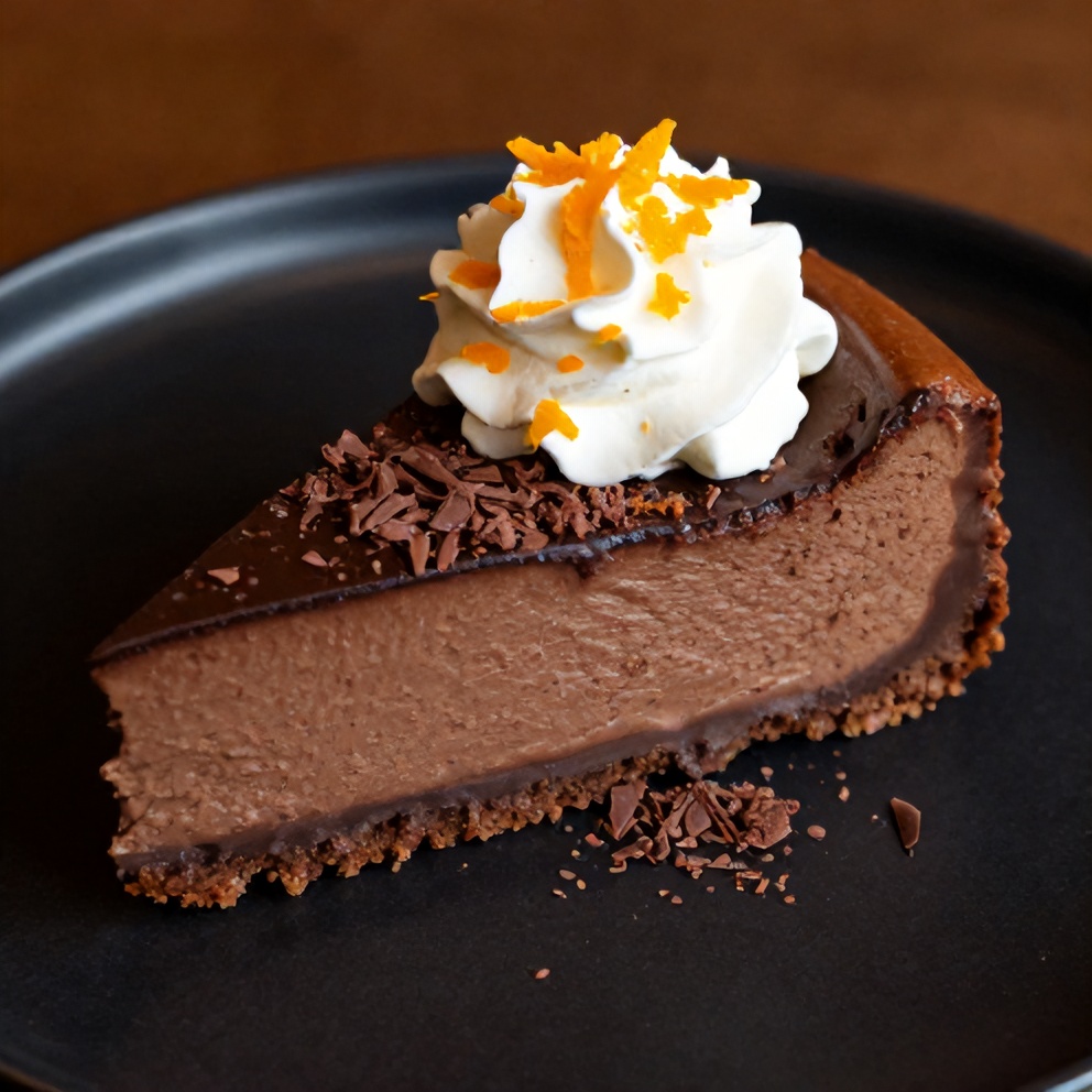 Sliced Chocolate Orange Cheesecake on a plate with a dollop of whipped cream and an orange slice