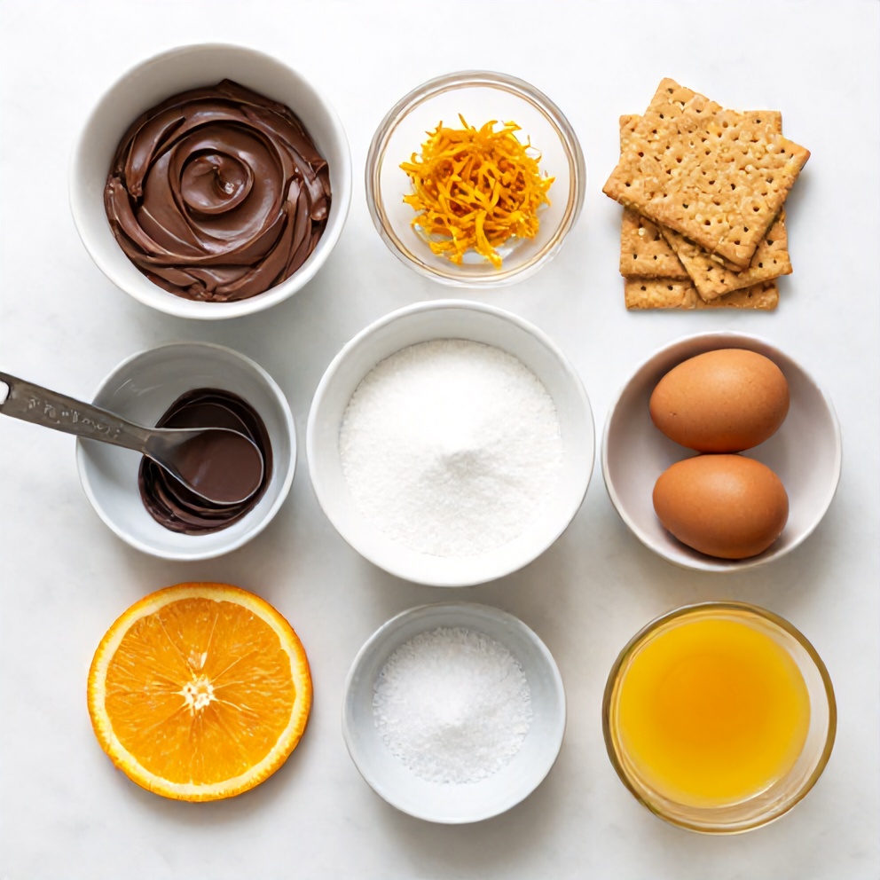 Raw ingredients for Chocolate Orange Cheesecake: cream cheese, chocolate, orange zest, eggs, sugar, and graham crackers