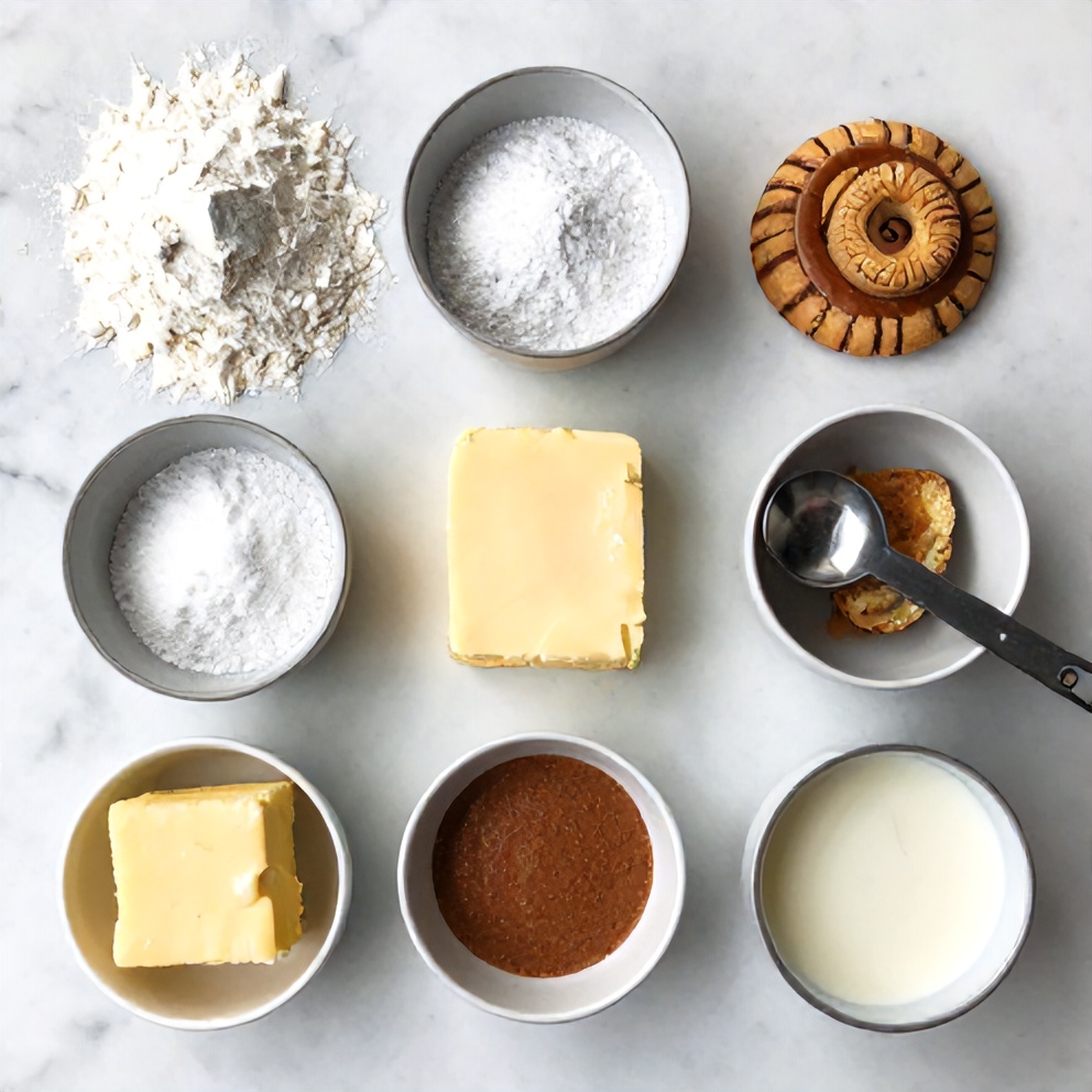Raw ingredients for cinnamon sugar butter biscuits on a marble counter