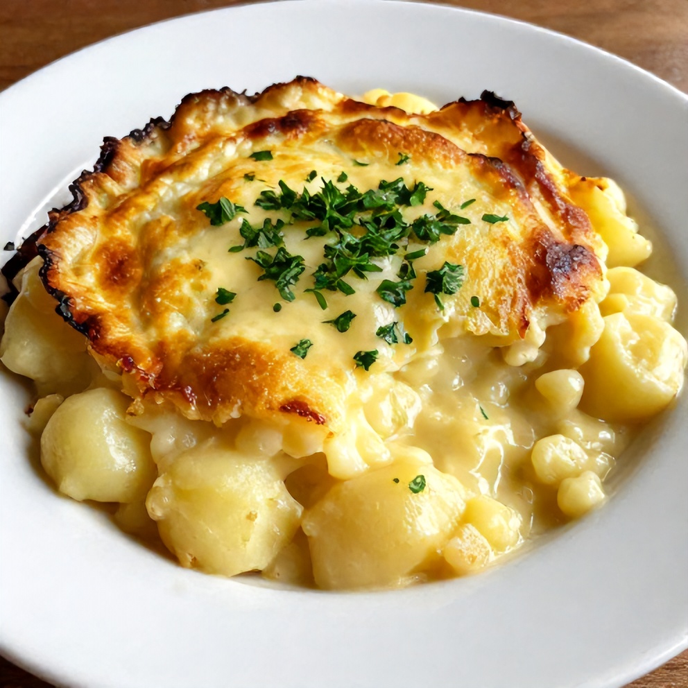 One perfect plated serving of Classic Creamy Potato Gratin, garnished with fresh parsley, on a white plate