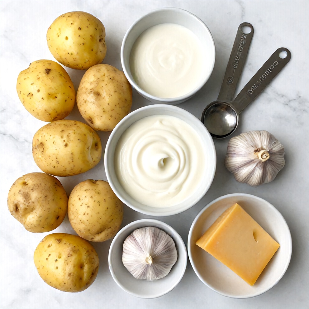 Raw ingredients for Classic Creamy Potato Gratin arranged as an overhead flat lay, including potatoes, heavy cream, garlic, and cheese
