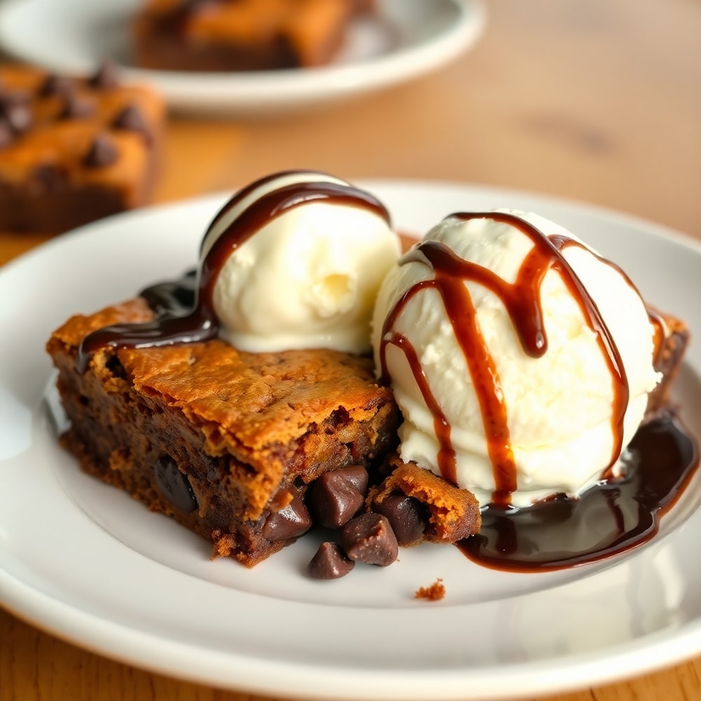 Plated serving of Cozy Banana Bread Brownies with a scoop of vanilla ice cream and a drizzle of chocolate sauce