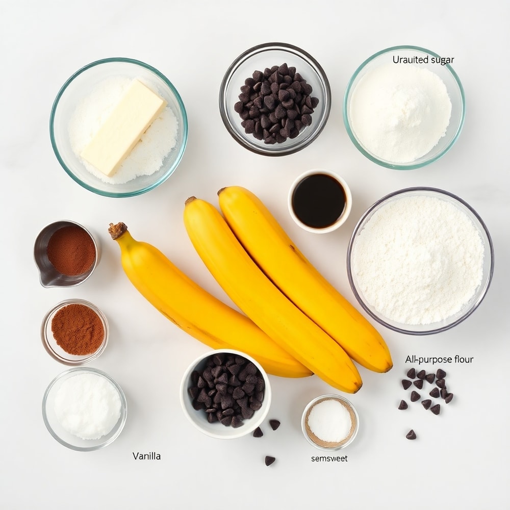 Overhead shot of ripe bananas, unsalted butter, granulated sugar, eggs, vanilla extract, all-purpose flour, cocoa powder, baking powder, salt, and chocolate chips