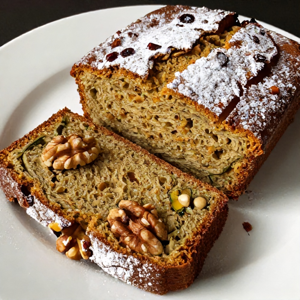 Slice of zucchini bread with walnuts on a plate