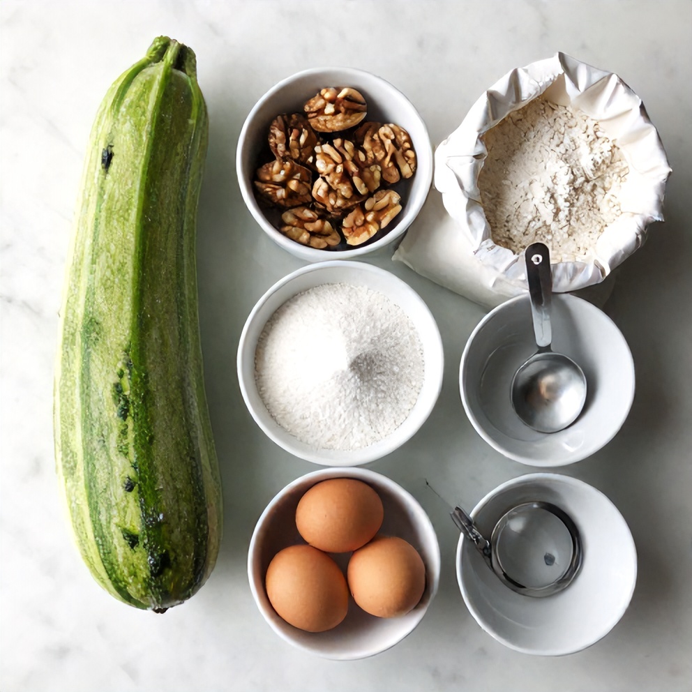 Zucchini, walnuts, flour, sugar, eggs, and other ingredients laid out on a marble counter