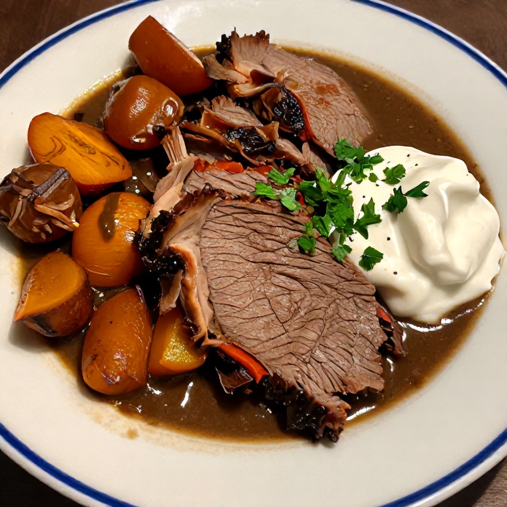 Plated slow cooker pot roast with root vegetables