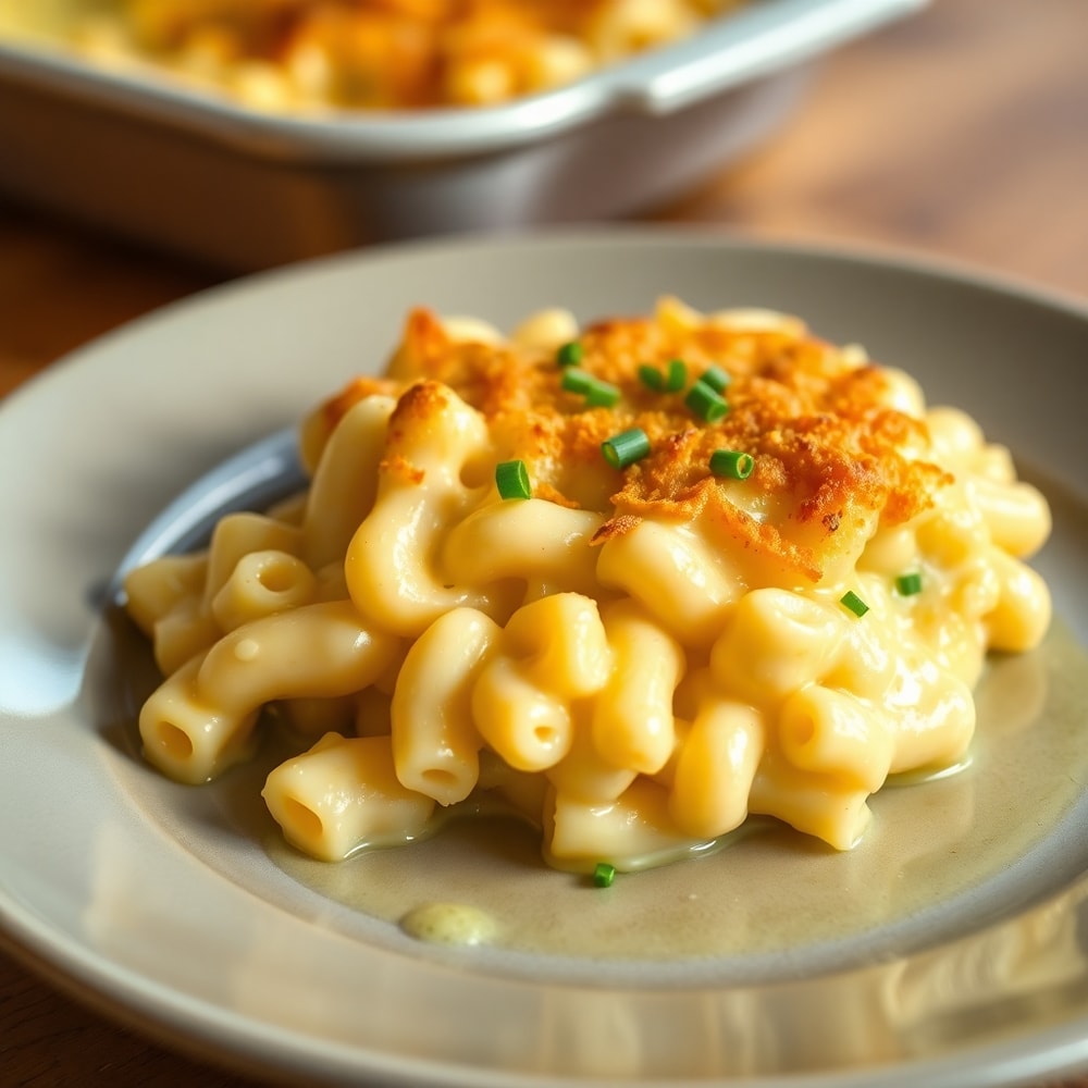A serving of Creamy Baked Macaroni and Cheese on a plate, garnished with parsley