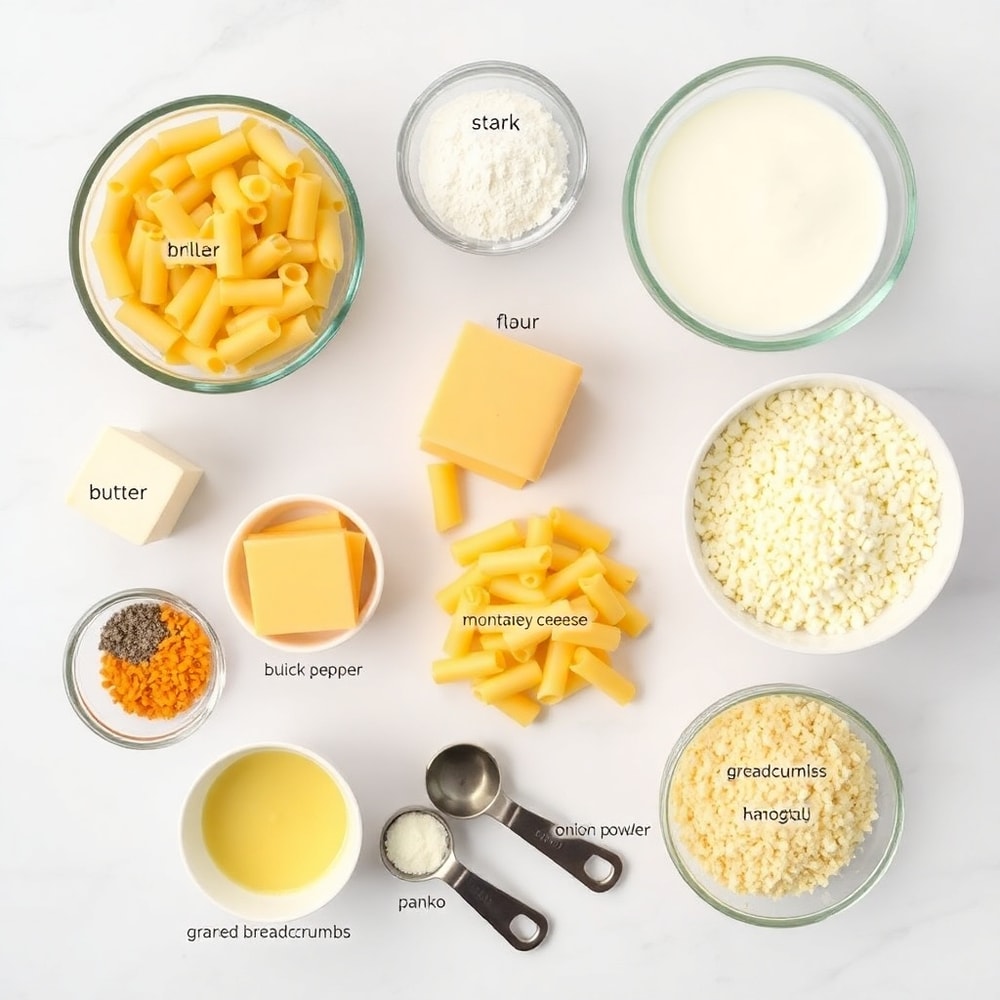 Raw ingredients for Creamy Baked Macaroni and Cheese in a flat lay