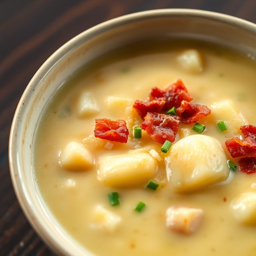 Bowl of creamy baked potato soup with bacon and chives