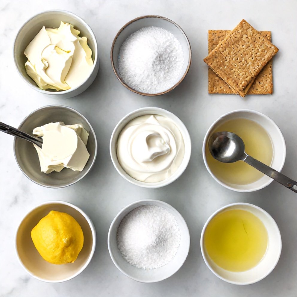 Raw ingredients for creamy cheesecake desserts on a white marble surface