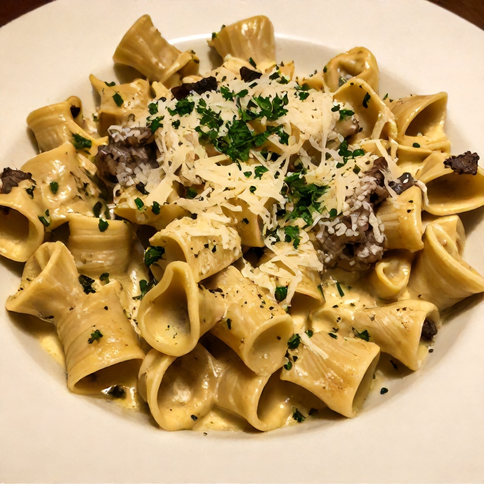 Plated creamy cowboy butter steak tortellini with garlic bread