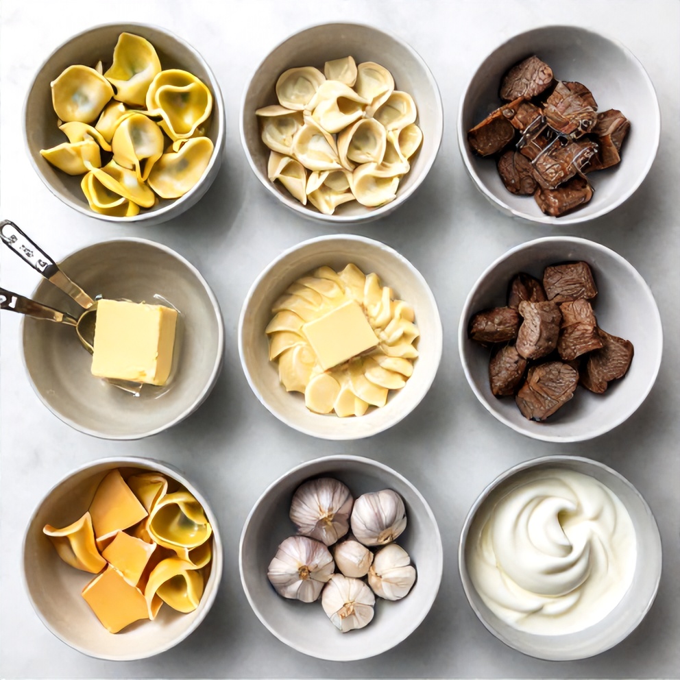 Raw ingredients for creamy cowboy butter steak tortellini
