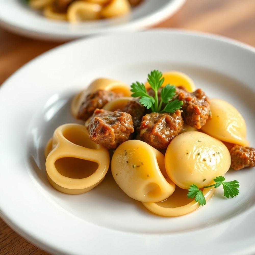 Plated serving of Cracked Garlic Steak Tortellini on a white plate, garnished with fresh parsley.