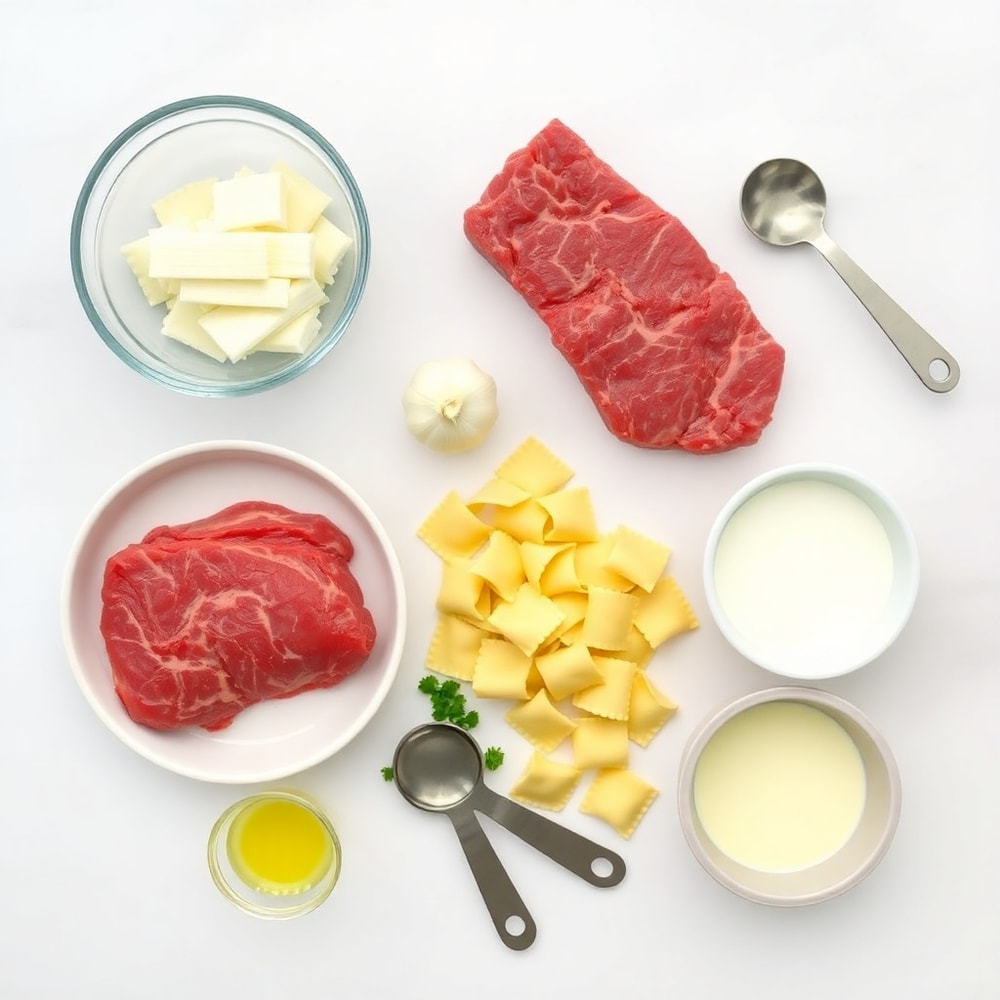 Overhead flat lay of raw ingredients for Cracked Garlic Steak Tortellini, including steak, tortellini, garlic, butter, and heavy cream.