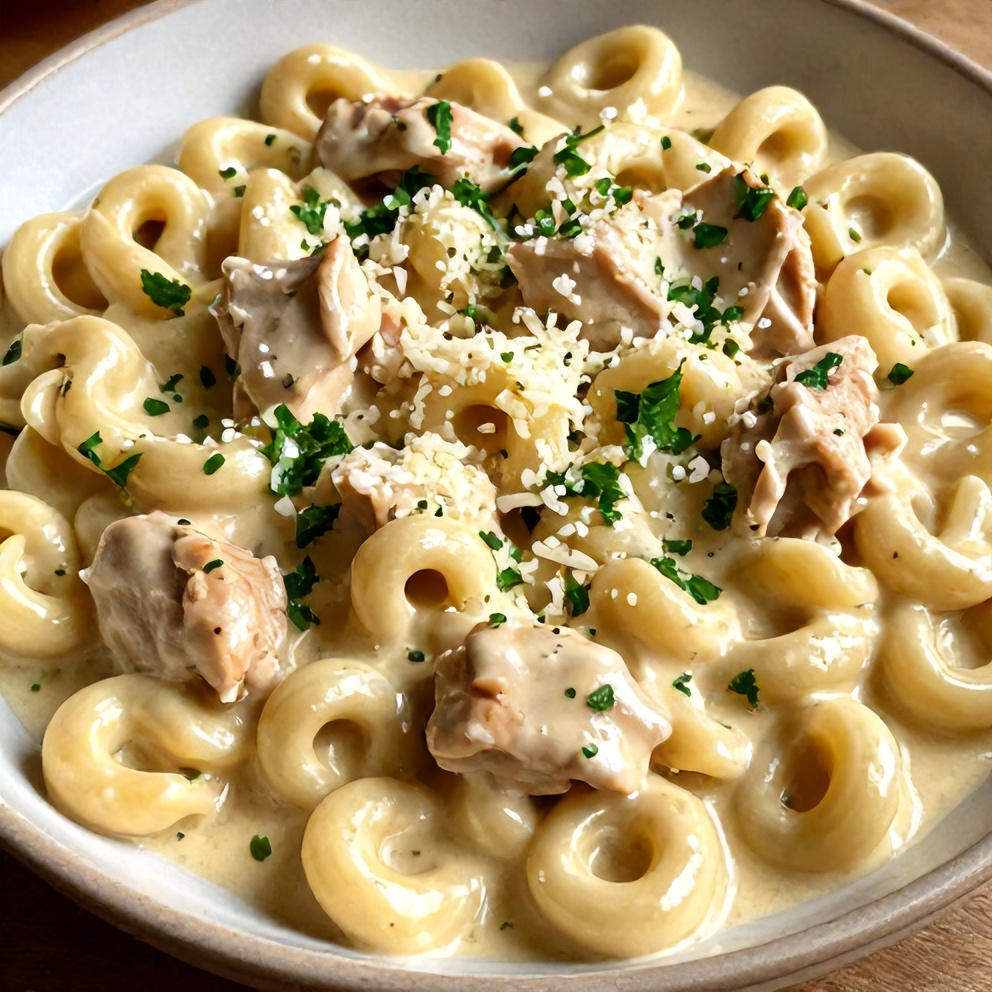 Plated serving of Creamy Crockpot Chicken Tortellini with fresh parsley