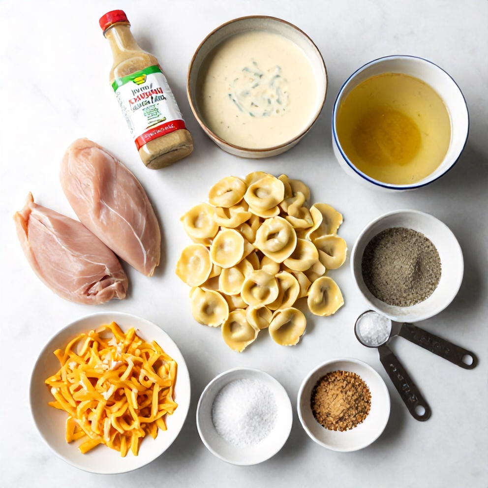 Raw ingredients for Creamy Crockpot Chicken Tortellini on a marble surface