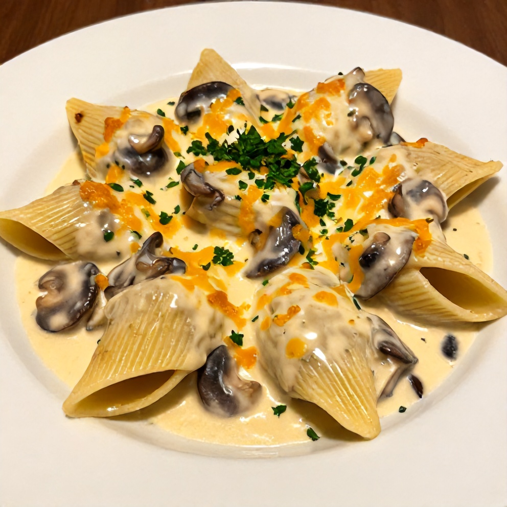 Creamy Garlic Mushroom Stuffed Shells on a white plate with a sprinkle of parsley