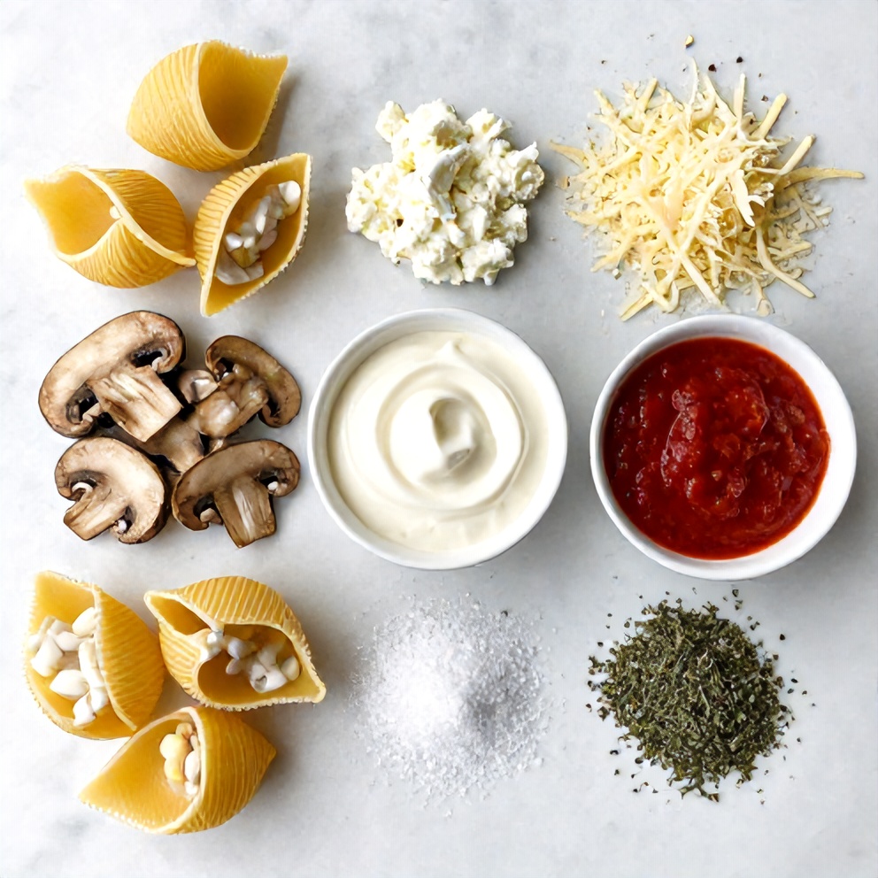 Raw ingredients for Creamy Garlic Mushroom Stuffed Shells on a white marble surface
