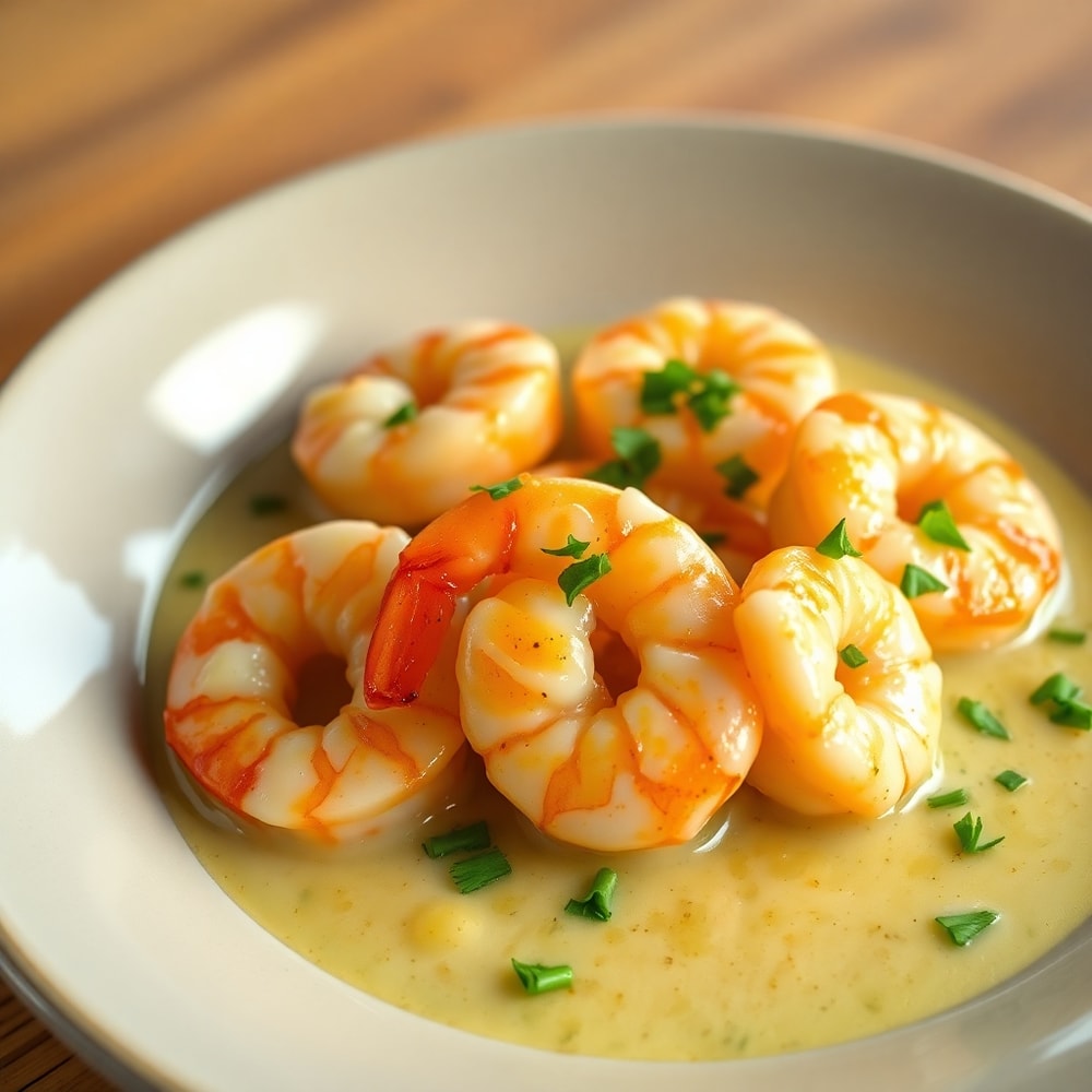 Plated creamy garlic shrimp with parsley garnish
