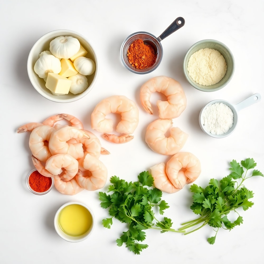 Raw ingredients for creamy garlic shrimp on a white marble surface