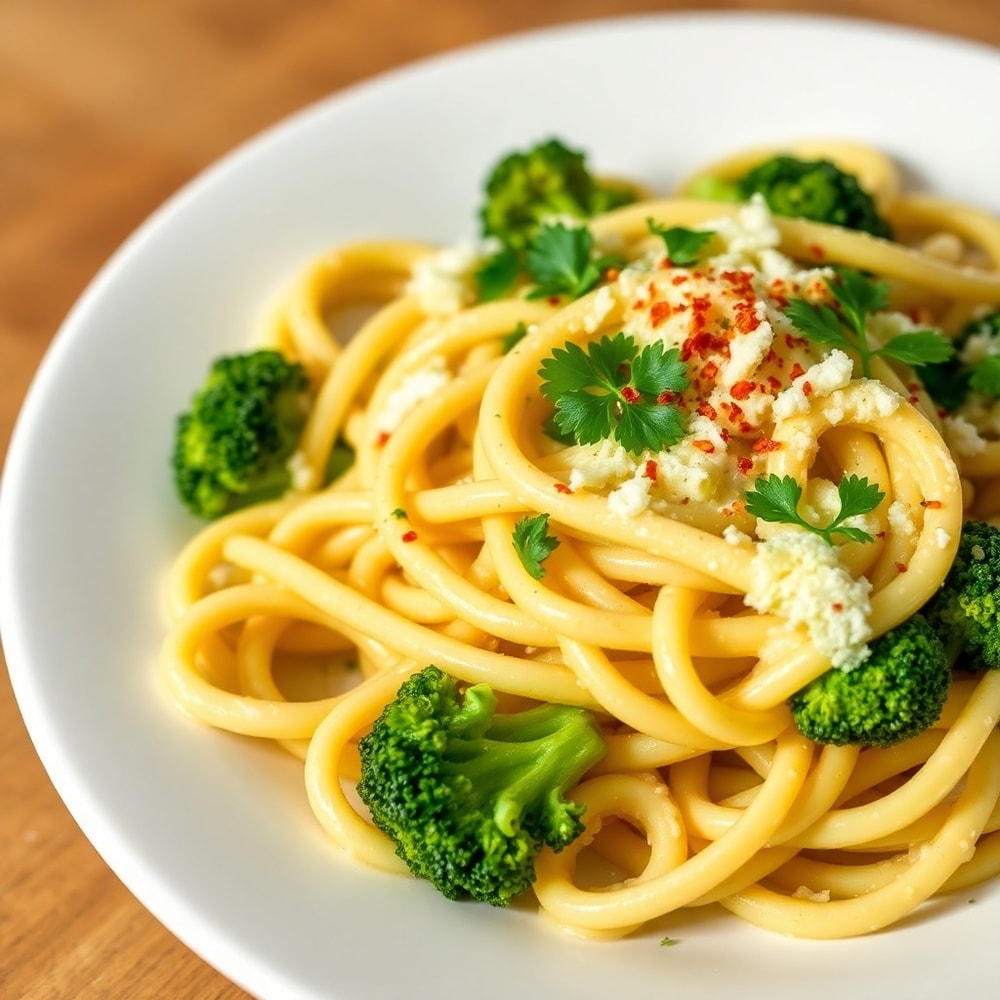 Plated Creamy Lemon Broccoli Mafaldine Pasta