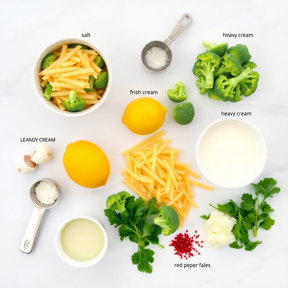 Raw ingredients for Creamy Lemon Broccoli Mafaldine Pasta