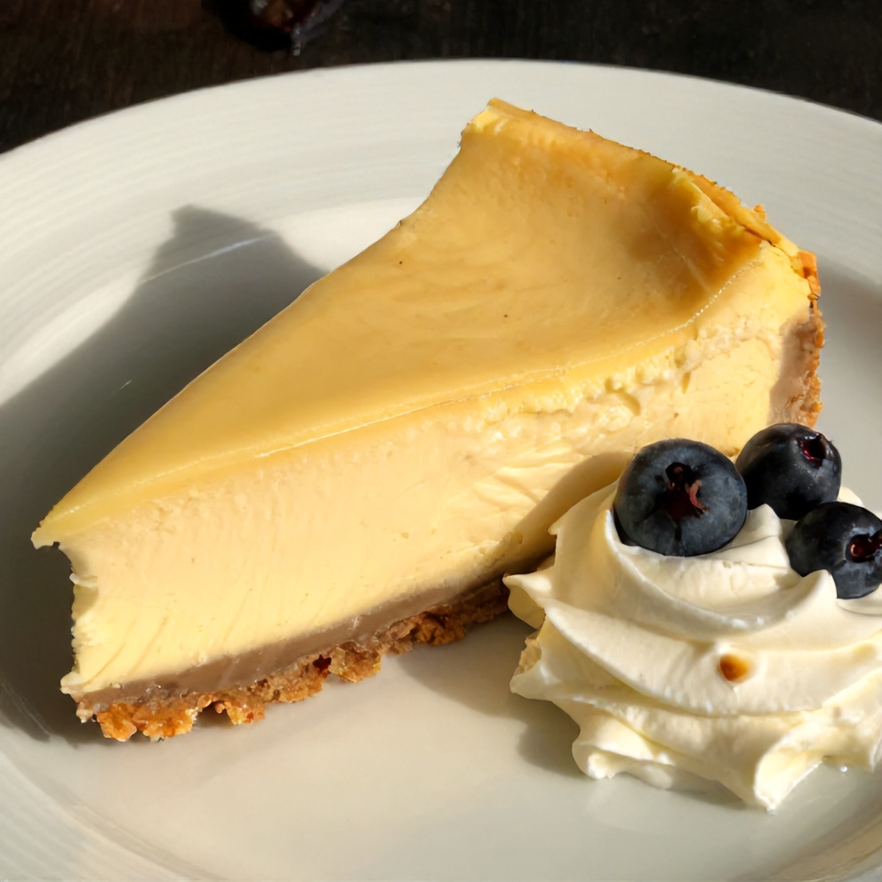 Sliced creamy lemon cheesecake layer cake on a plate with a dollop of whipped cream