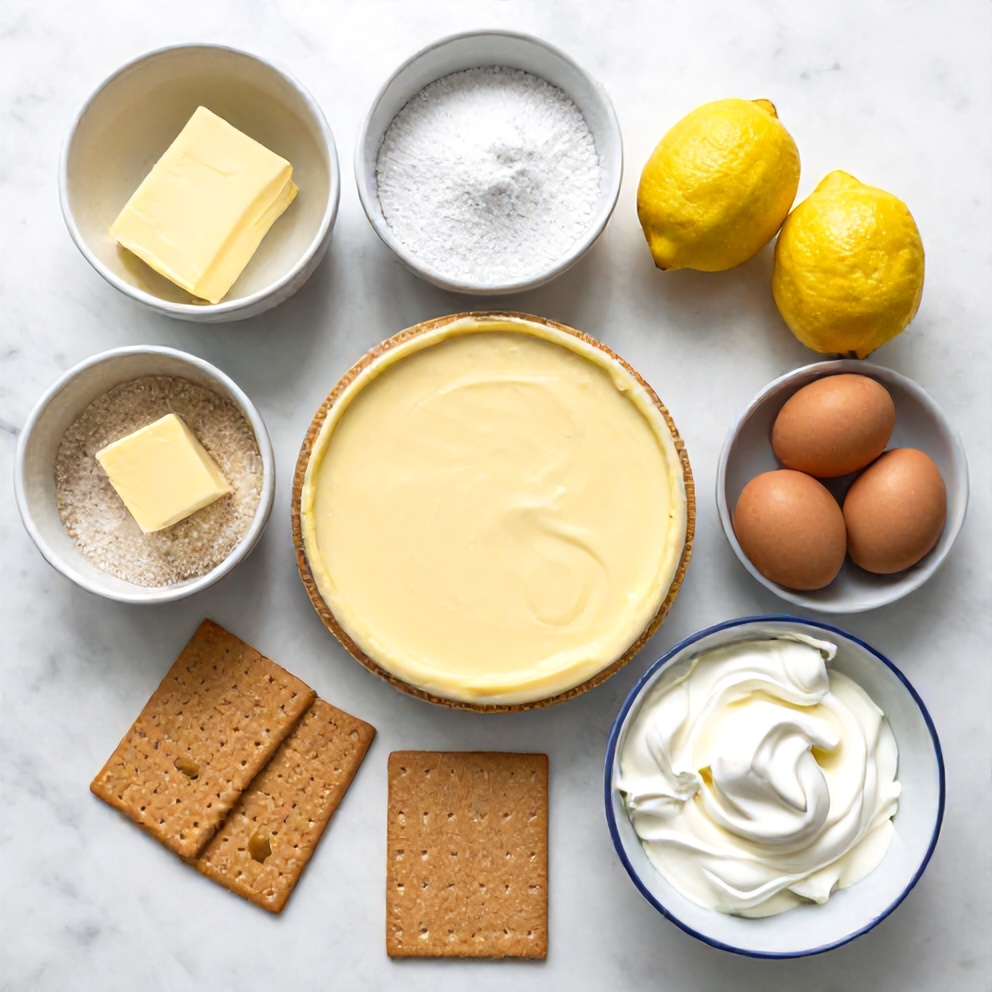 Raw ingredients for creamy lemon cheesecake layer cake including graham crackers, cream cheese, and lemons