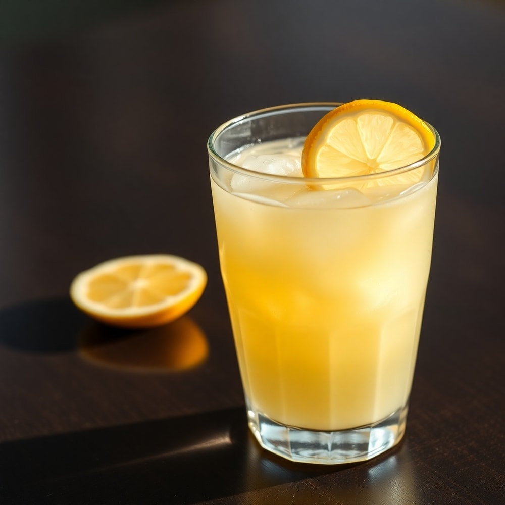A glass of creamy lemonade with ice and lemon slice on a wooden table
