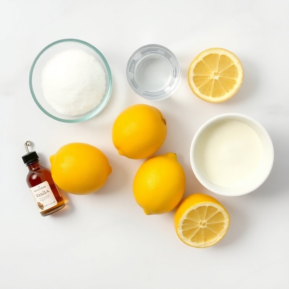 Lemons, sugar, water, heavy cream, and vanilla extract on a wooden surface
