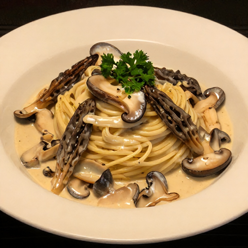 Creamy Morel Mushroom Pasta with fresh parsley garnish on a white plate