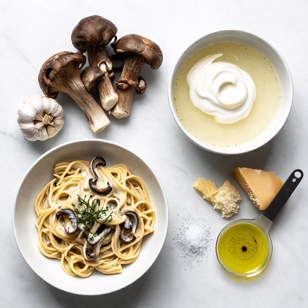 Overhead flat lay of raw ingredients for creamy morel mushroom pasta
