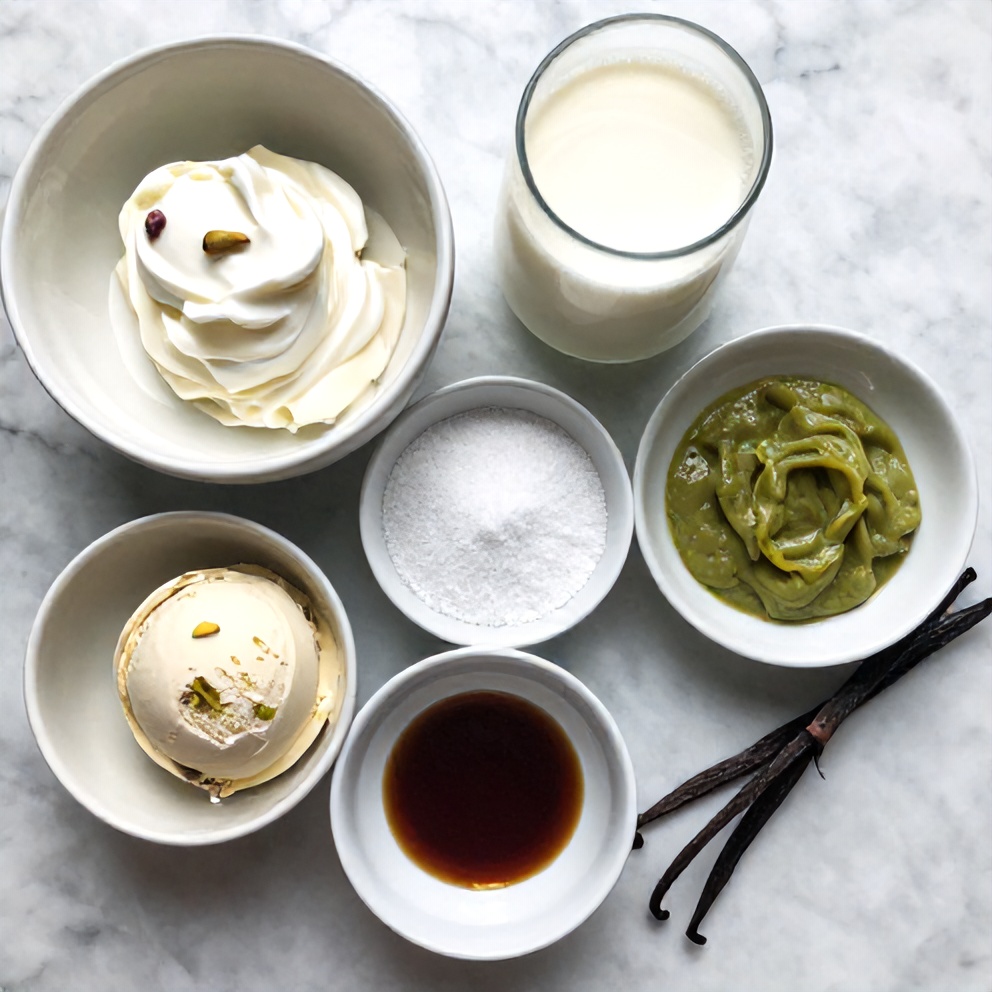 Raw ingredients for Pistachio Ice Cream on a marble surface