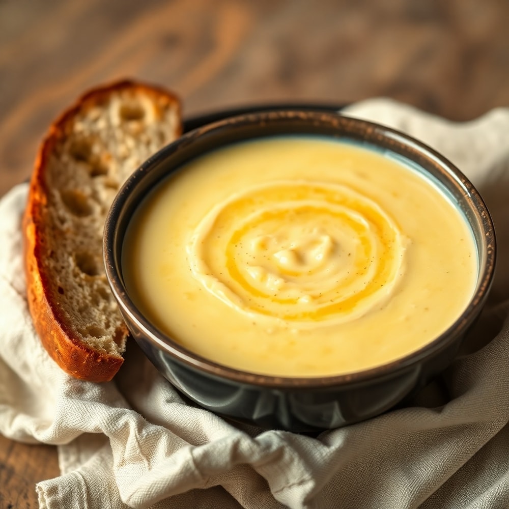Bowl of creamy potato soup with a side of crusty bread