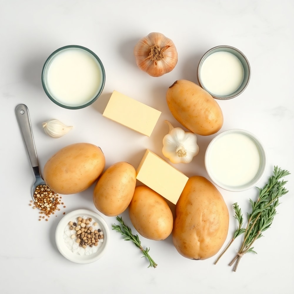 Potatoes, onion, garlic, butter, milk, and seasonings laid out on a wooden surface