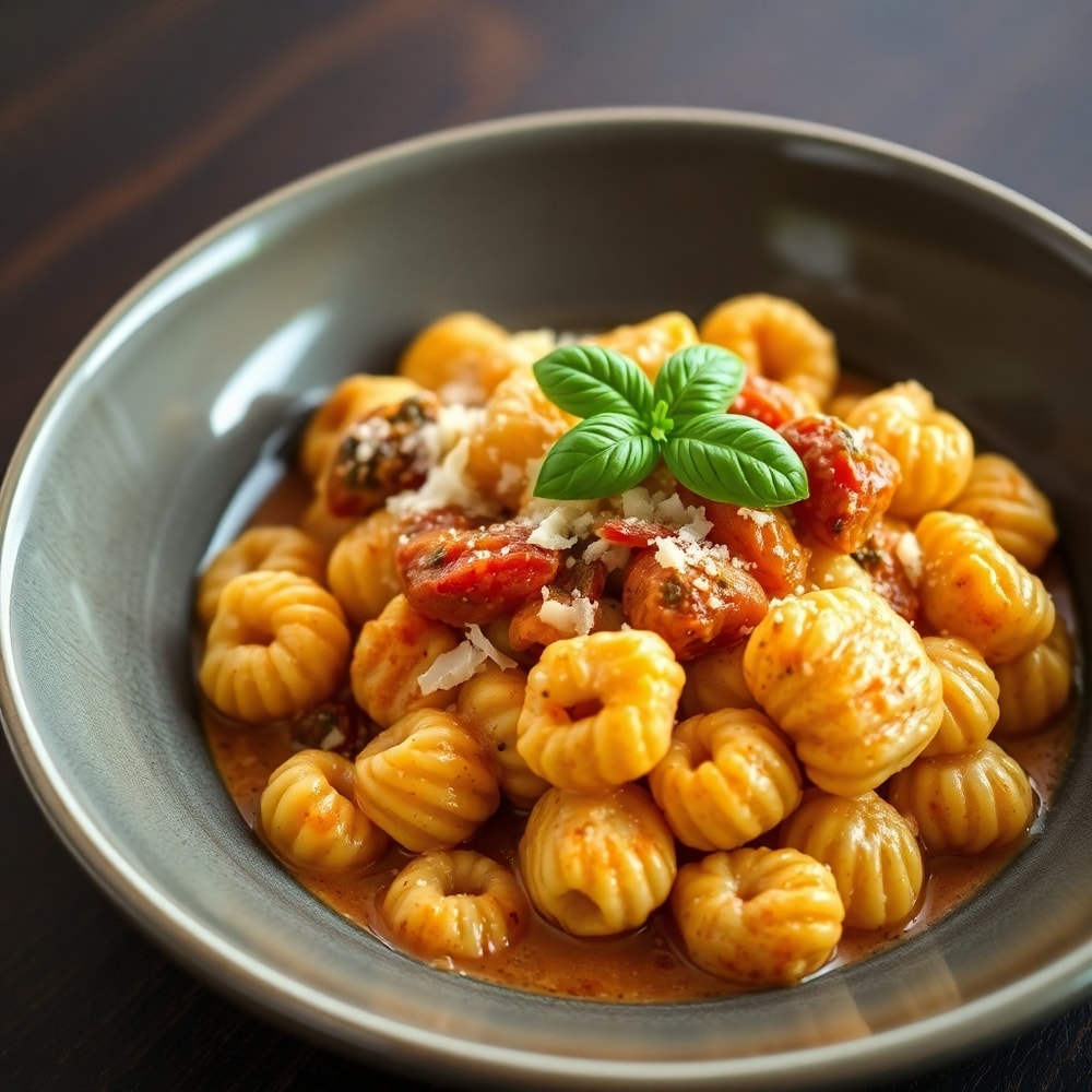 Plated creamy sundried tomato gnocchi with grated Parmesan and fresh basil