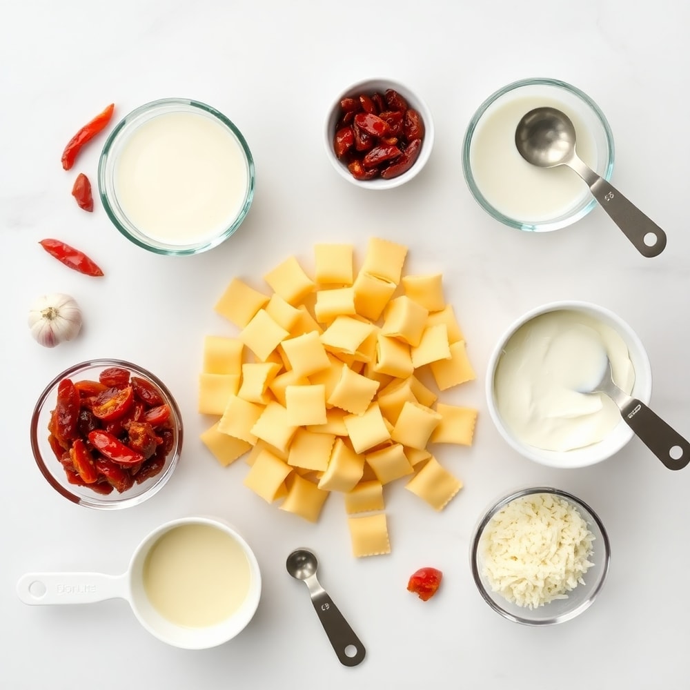 Raw ingredients for creamy sundried tomato gnocchi: gnocchi, sundried tomatoes, garlic, heavy cream, Parmesan cheese