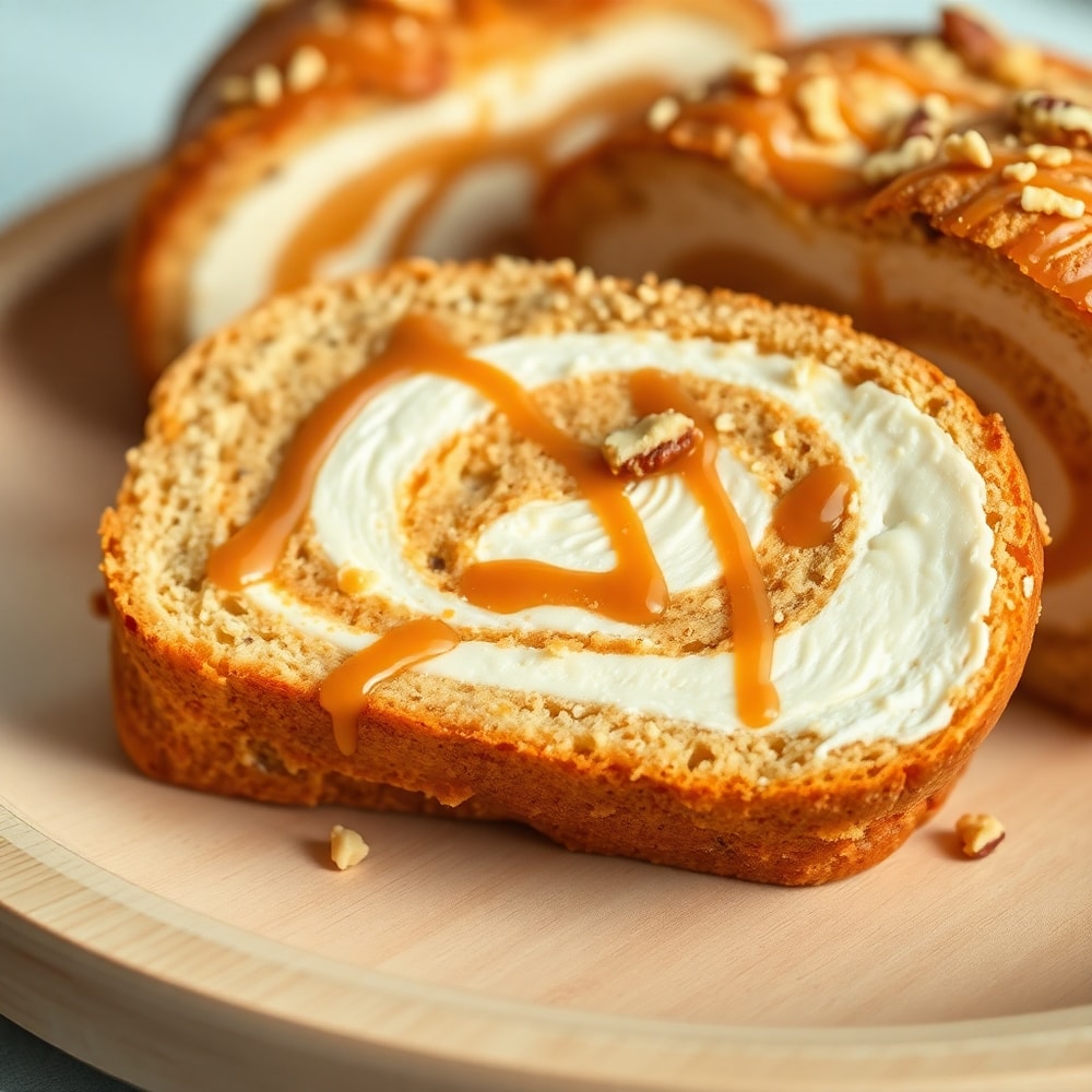 Sliced Creamy Swirl Ice Cream Bread Treat on a light wooden plate